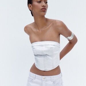 Zara Metallic Denim Bustier Top